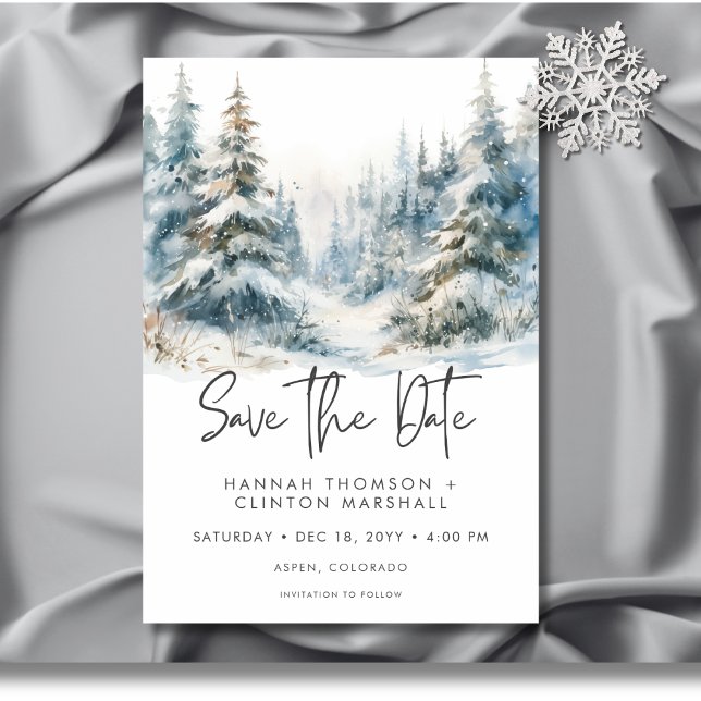 Save The Date Rustic Mountain Winter Scene Aquarelle Photo (Rustic Mountain Winter Scene Watercolor Photo Save The Date)