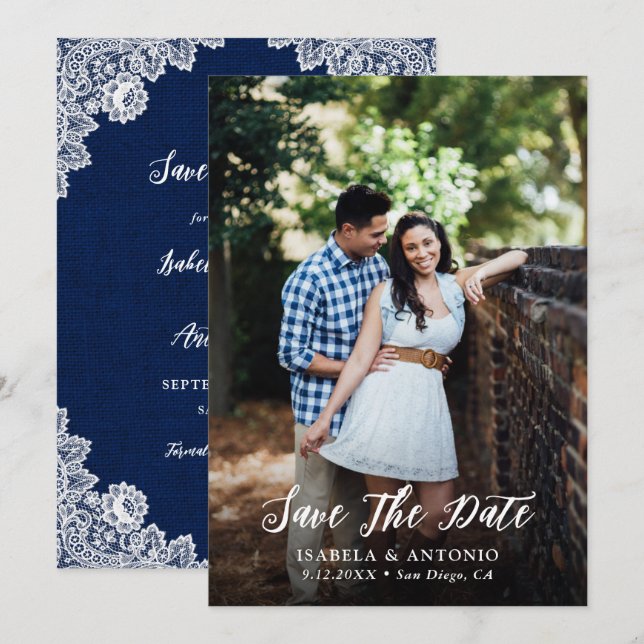Save The Date Rustic Navy Bleu Burlap et dentelle photo Mariage (Devant / Derrière)