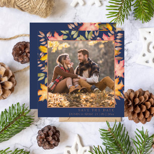 Save The Date Rustic Navy Blue Automne Feuilles d'automne Photo 