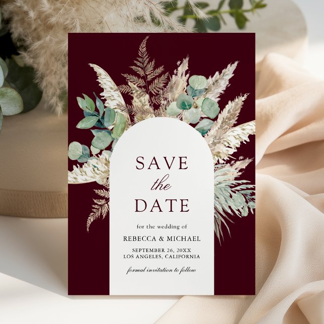 Save The Date Rustic Pampas Eucalyptus Arch Burgundy Wedding (Créateur téléchargé)