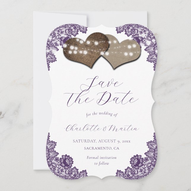 Save The Date Rustic Purple Floral Lace Burlap Hearts Wedding (Devant)