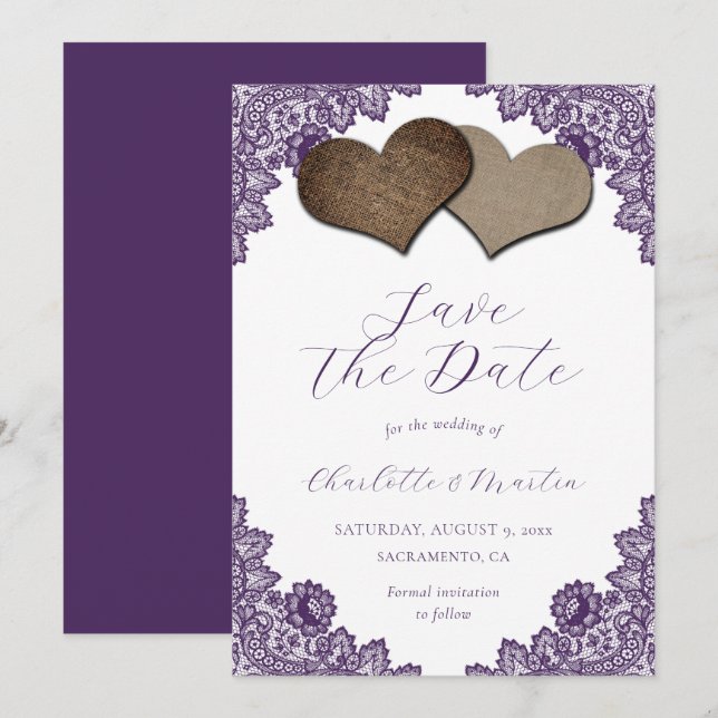 Save The Date Rustic Purple Floral Lace Burlap Hearts Wedding (Devant / Derrière)