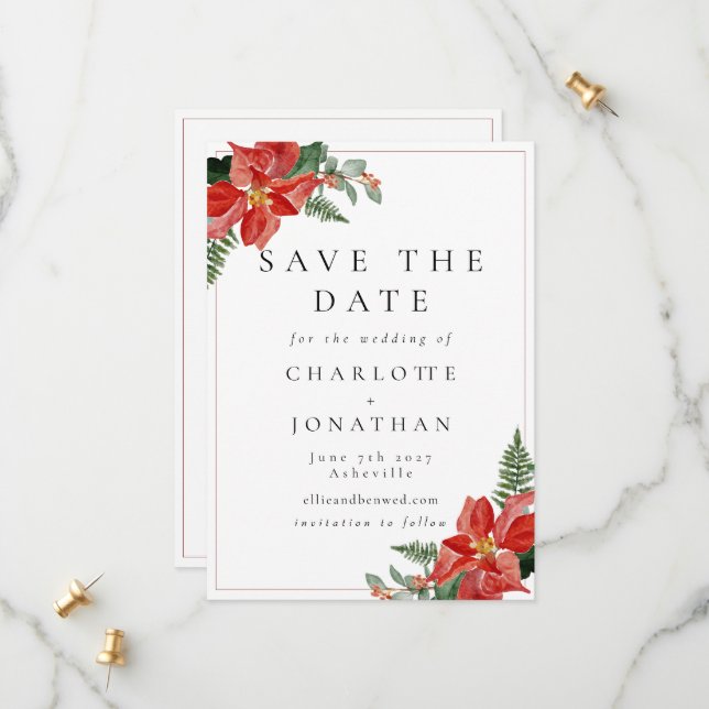 Save The Date Rustic Winter Poinsettia Red Christmas Wedding (Devant/Arrière en situation)