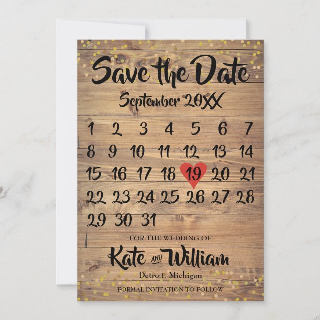 Save The Date Rustic Wood Love Heart Calendar Enregistrer la dat (Devant)