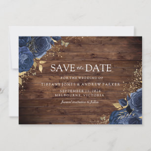 Save The Date Rustic Wood Navy Indigo Rose Gold Floral Mariage