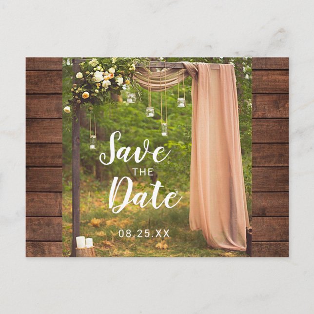 Save the Date Rustic Wood Peach Mason Jar Wedding Ankündigungspostkarte (Vorderseite)