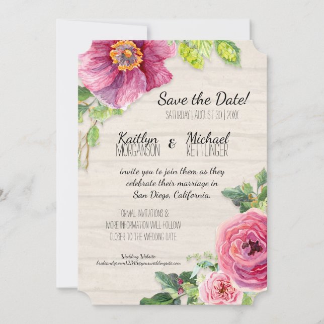 Save the Date Rustic Wood Watercolor Rose Peony (Vorderseite)