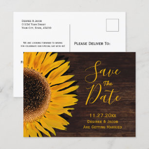 Save the Date rustikal-gelbbraunes Holz Sonnenblum Ankündigungspostkarte
