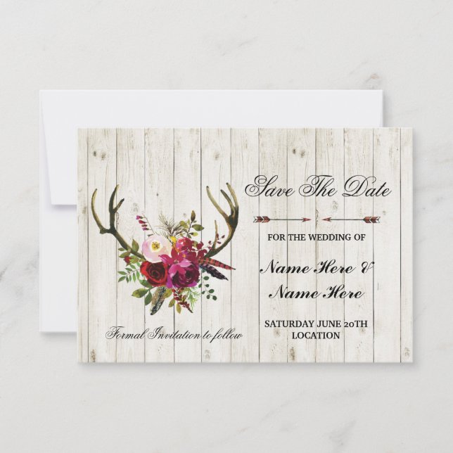 Save the Date Rustikale Antlers Stag Floral Einlad (Vorderseite)