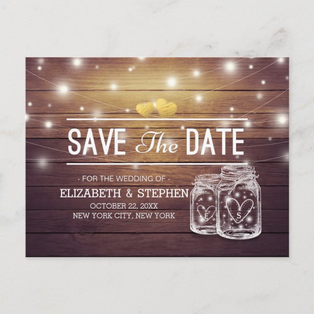 Save the Date rustikale Holz Mason Jar String Ligh Ankündigungspostkarte (Vorderseite)