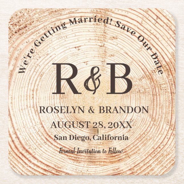 Save the Date rustikale Holzmonogrammbezeichnungen Rechteckiger Pappuntersetzer (Vorderseite)