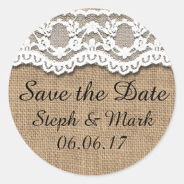 Save the Date, rustikaler Burlap und Lace Runder Aufkleber