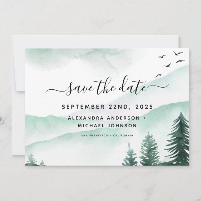 Save the Date Rustikaler Wald Wasserfarbe Moody (Vorderseite)