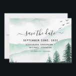 Save the Date Rustikaler Wald Wasserfarbe Moody<br><div class="desc">Rustikale Waldflora Moody Green Wedding Save the Date Card auf weißem Hintergrund - beinhaltet schöne und elegante Schriftzeichen mit Vögeln, Bäumen, Bergen und Grün für die besondere Hochzeitstagsfeier.</div>