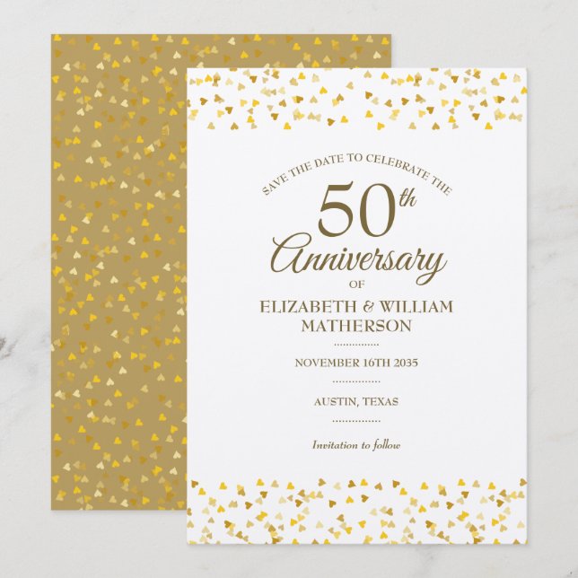 Save The Date Rustique 50ème anniversaire Mariage Coeurs d'or (Devant / Derrière)