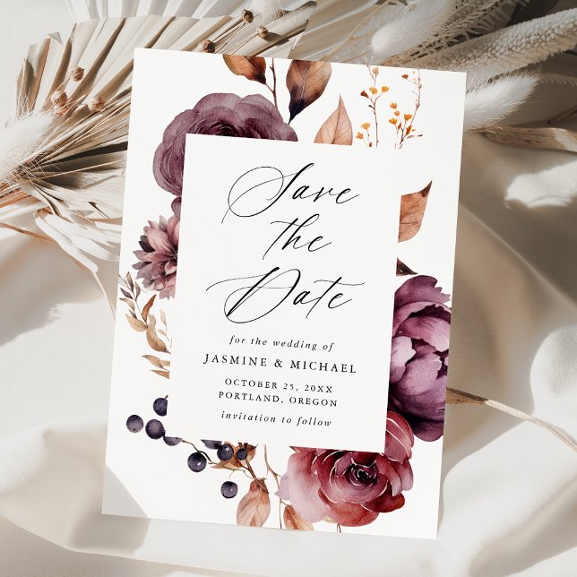 Save The Date Rustique Automne Marsala Floral Frame Mariage (Créateur téléchargé)