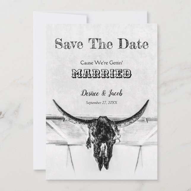 Save The Date Rustique Blanc Noir Vache Occidentale Crâne Enregi (Devant)