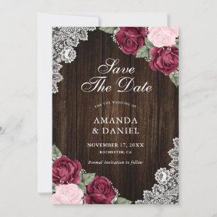 Save The Date Rustique Bourgogne Blush Wood Floral Mariage Photo