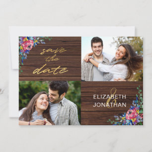 Save The Date Rustique Bourgogne Marine Bleu Or Bois Floral