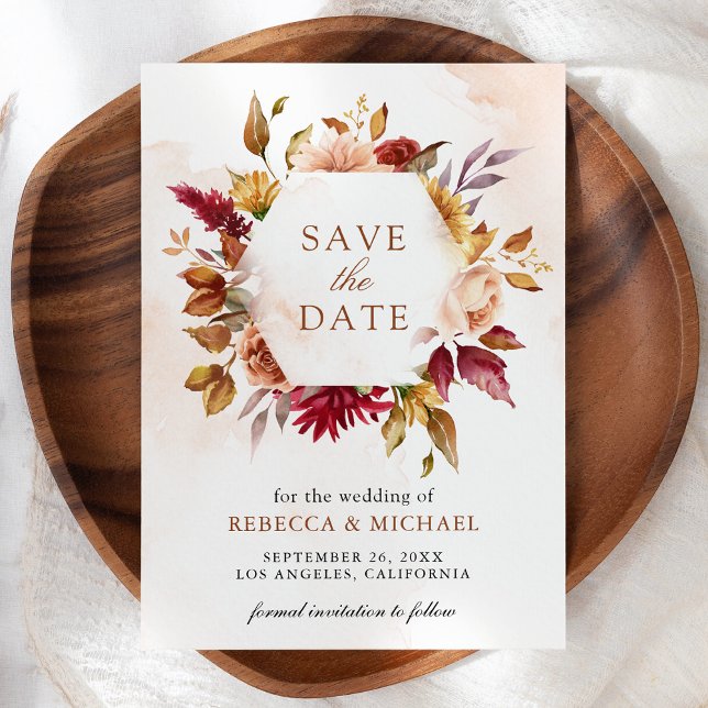 Save The Date Rustique Bourgogne Terracotta Mariage Floral (Créateur téléchargé)