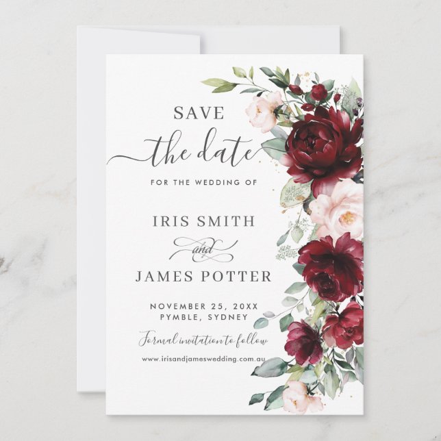 Save The Date Rustique Chic Bourgogne Blush rose Mariage Floral (Devant)