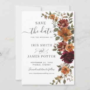 Save The Date Rustique Chic Bourgogne Brûlé Orange Floral Mariag