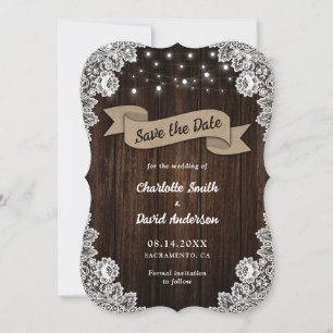 Save The Date Rustique Chic Mariage de dentelle en bois Burlap