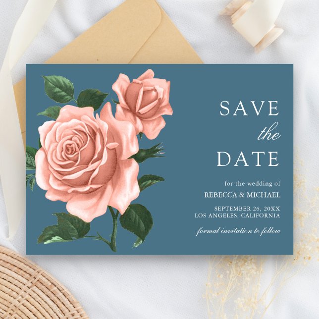 Save The Date Rustique Dusty Blue Peach Rose Mariage (Créateur téléchargé)