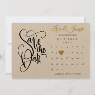 Save The Date Rustique Enregistrer la date Calendrier Gold Love 