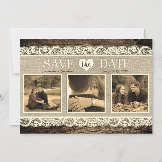 Save The Date Rustique Enregistrer la date | Dentelle en bois de (Devant)