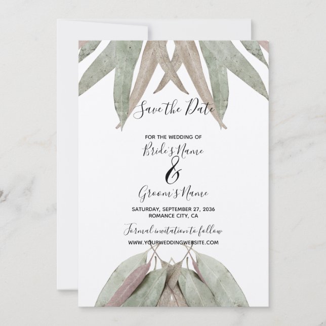 Save The Date Rustique Eucalyptus Leaf Mariage Enregistrer La Da (Devant)