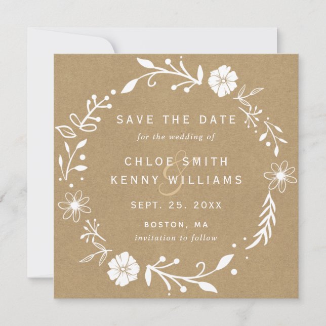 Save The Date Rustique Floral Botanique Wreath Faux Kraft Carré (Devant)