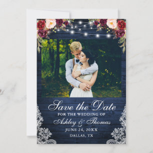 Save The Date Rustique Floral Bourgogne Bleu Bois Lumières Photo