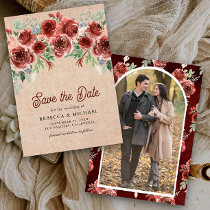 Save The Date Rustique Floral Marsala Toile de Jute Photo Mariag