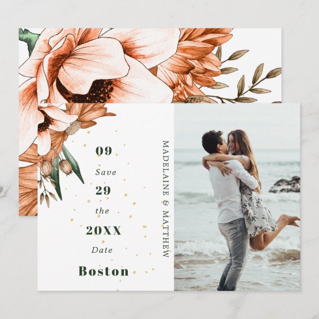 Save The Date Rustique Floral Terracotta Photo Or Élégant Chic (Devant / Derrière)