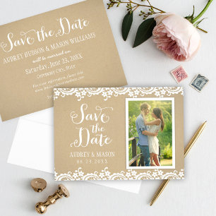 Save The Date Rustique Kraft et dentelle photo Mariage