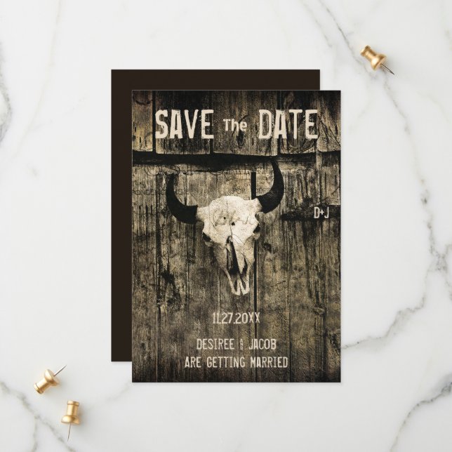 Save The Date Rustique Mariage Occidental Crâne de vache Enregis (Devant/Arrière en situation)