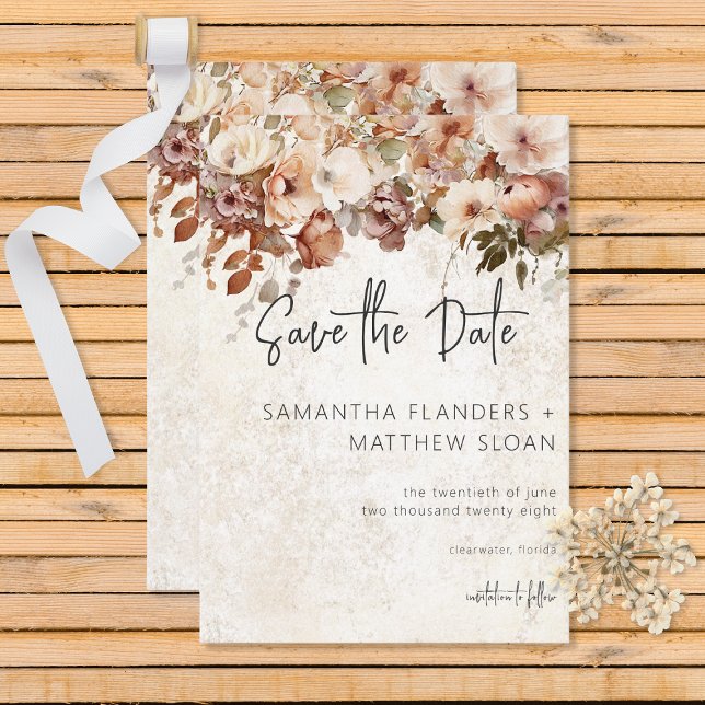 Save The Date Rustique Neutral & Rose Floral Drop (Créateur téléchargé)