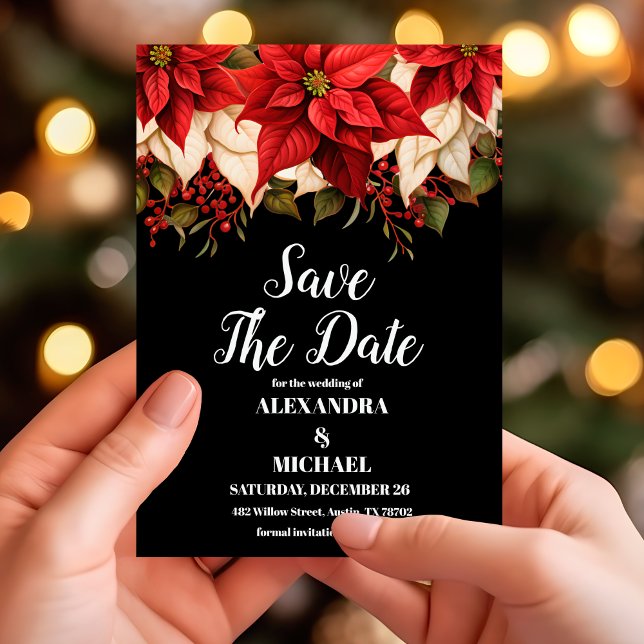 Save The Date Rustique Noir Poinsettia Floral Mariage de Noël (Créateur téléchargé)