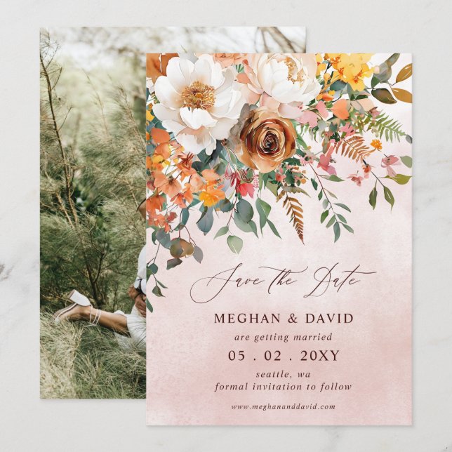Save The Date Rustique Orange Floral Automne Photo (Devant / Derrière)