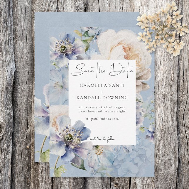 Save The Date Rustique Romantique Dusty Bleu & Blanc Floral (Créateur téléchargé)