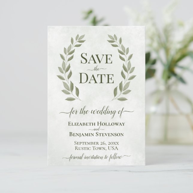 Save The Date Rustique Sage Green Laurel Feuilles Mariage élégan (Debout devant)