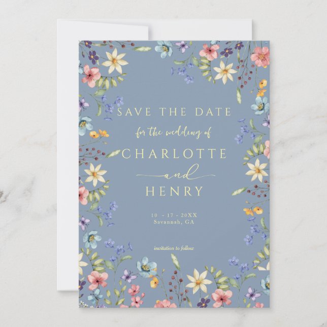 Save The Date Rustique simple Fleur sauvage Dusty Mariage bleu (Devant)