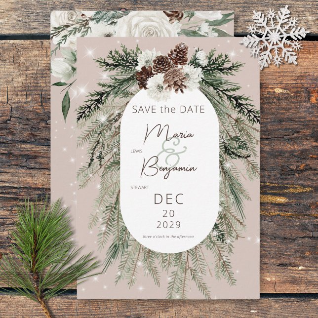Save The Date Rustique Tan Pine Hiver Mariage étincelant (Tropical Palm Trees Modern Wedding Save The Date)