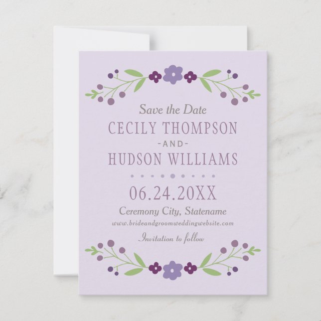 Save The Date Rustique violet et vert Mariage floral (Devant)