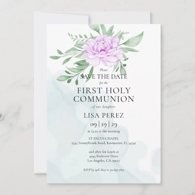 Save The Date Rustique violet Rose Eucalyptus première sainte co (Devant)