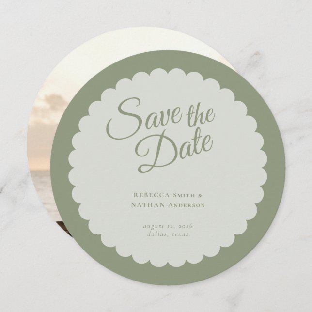 Save The Date Sage classique Vert Script Mariage de saint Jacque (Devant / Derrière)