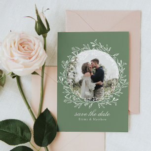 Save The Date Sage Elegant Botanique Line Wreath Photo & QR