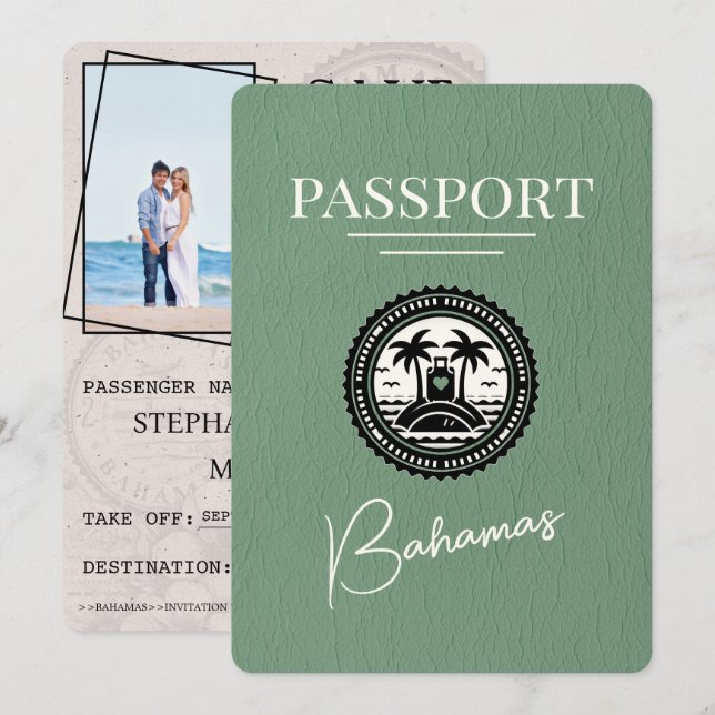 Save The Date Sage Green Bahamas Passport Enregistrer La Date (Devant / Derrière)