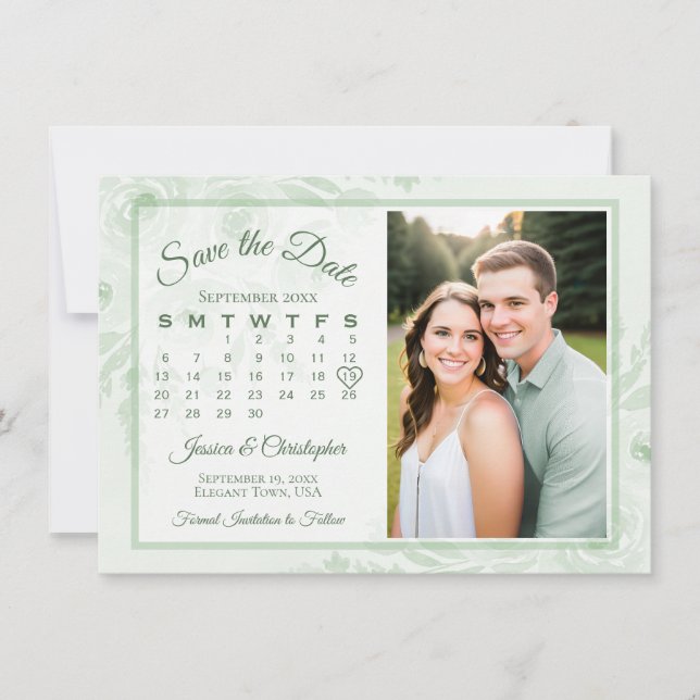 Save The Date Sage Green Boho Peonies Calendar & Photo Wedding (Devant)